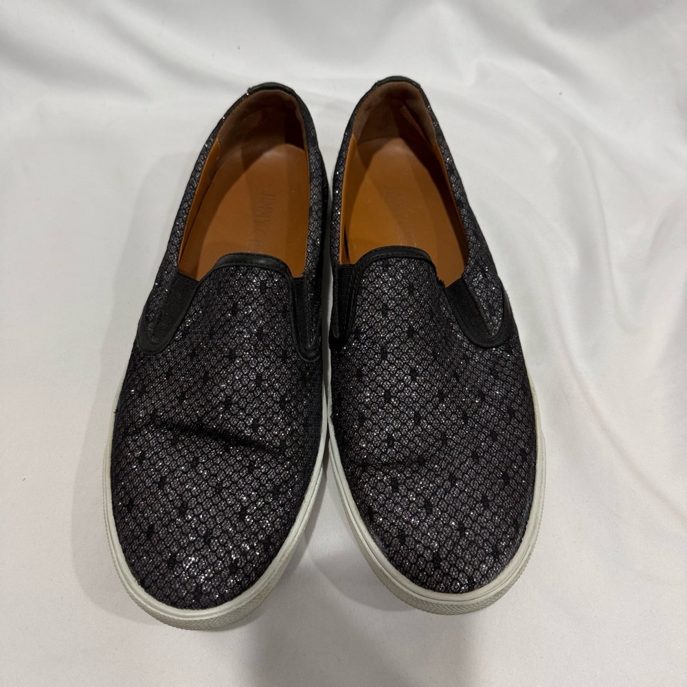 Jimmy Choo Glitter Black Slip On Sneakers 41 Luxury Casual Streetwear Statement - Picture 2 of 11